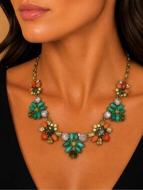 Stella & Dot Multicolor Statement Bib Necklace 21' Green Orange Crystal EUC